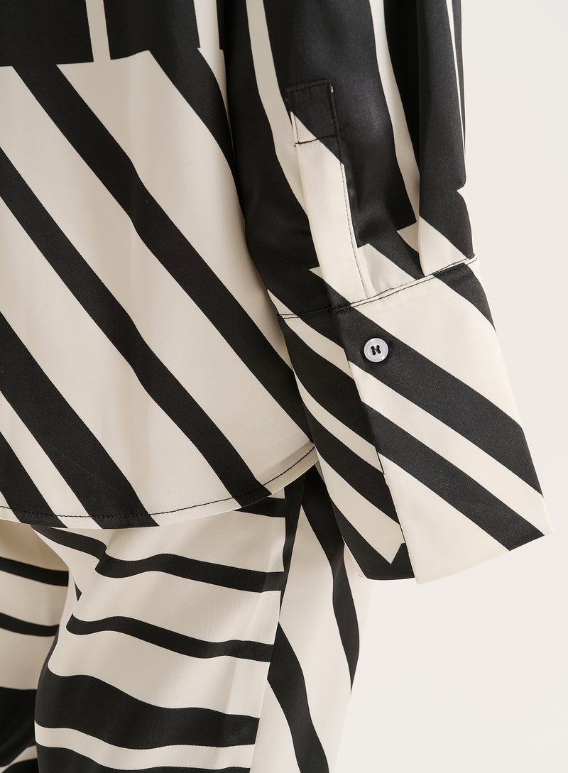 Black And White Abstract Print Satin Shirt- Amira
