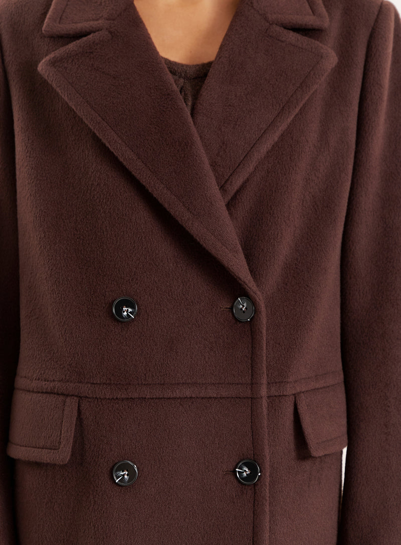 Chocolate Wool Double-Breasted Coat- Melia