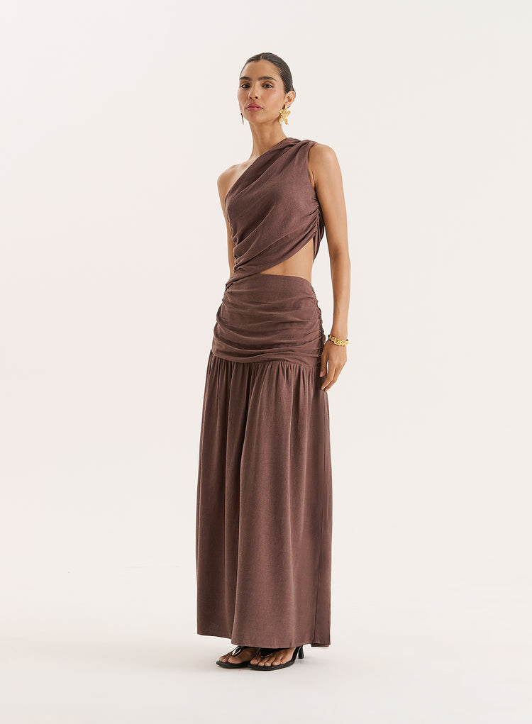 Brown Linen Blend One Shoulder Maxi Dress- Yara