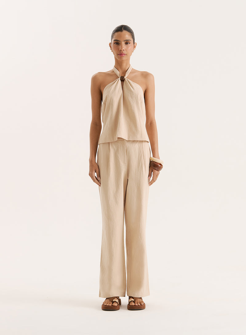 Beige Cotton Halterneck Bead Detail Top- Vivian