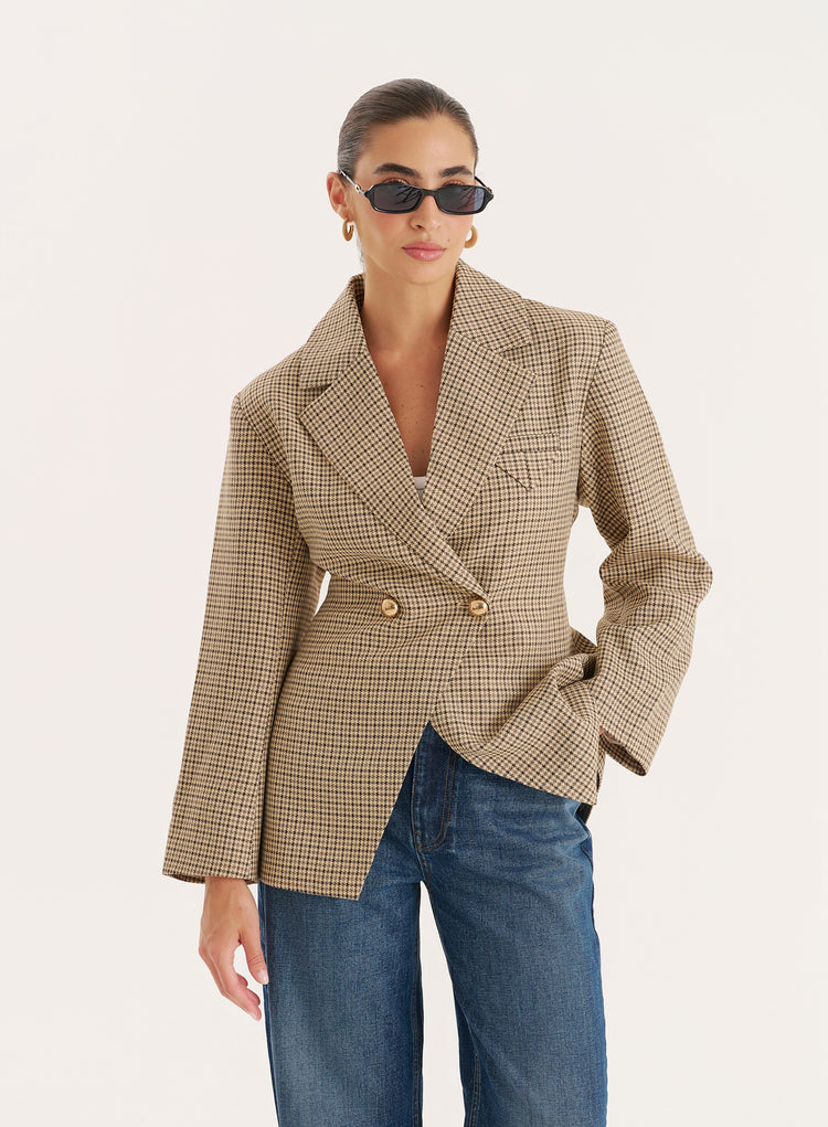 Check Print Cinched Waist Tailored Blazer- Reese