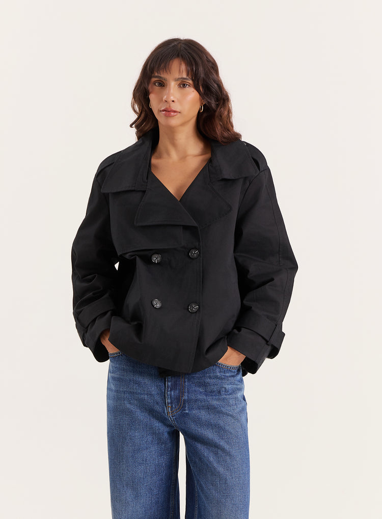 Black Cropped Oversized Trench Coat- Harlia