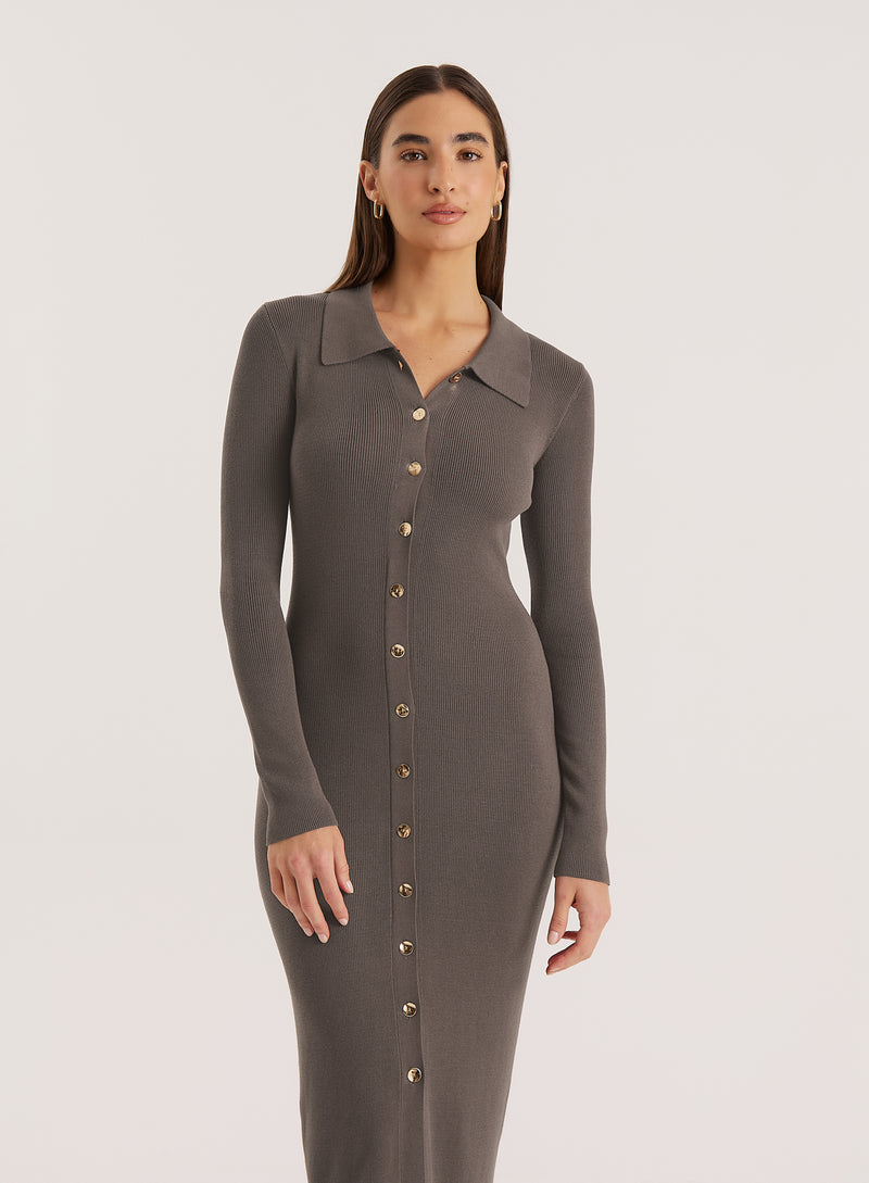 Charcoal Collared Button Down Knitted Dress- Taye