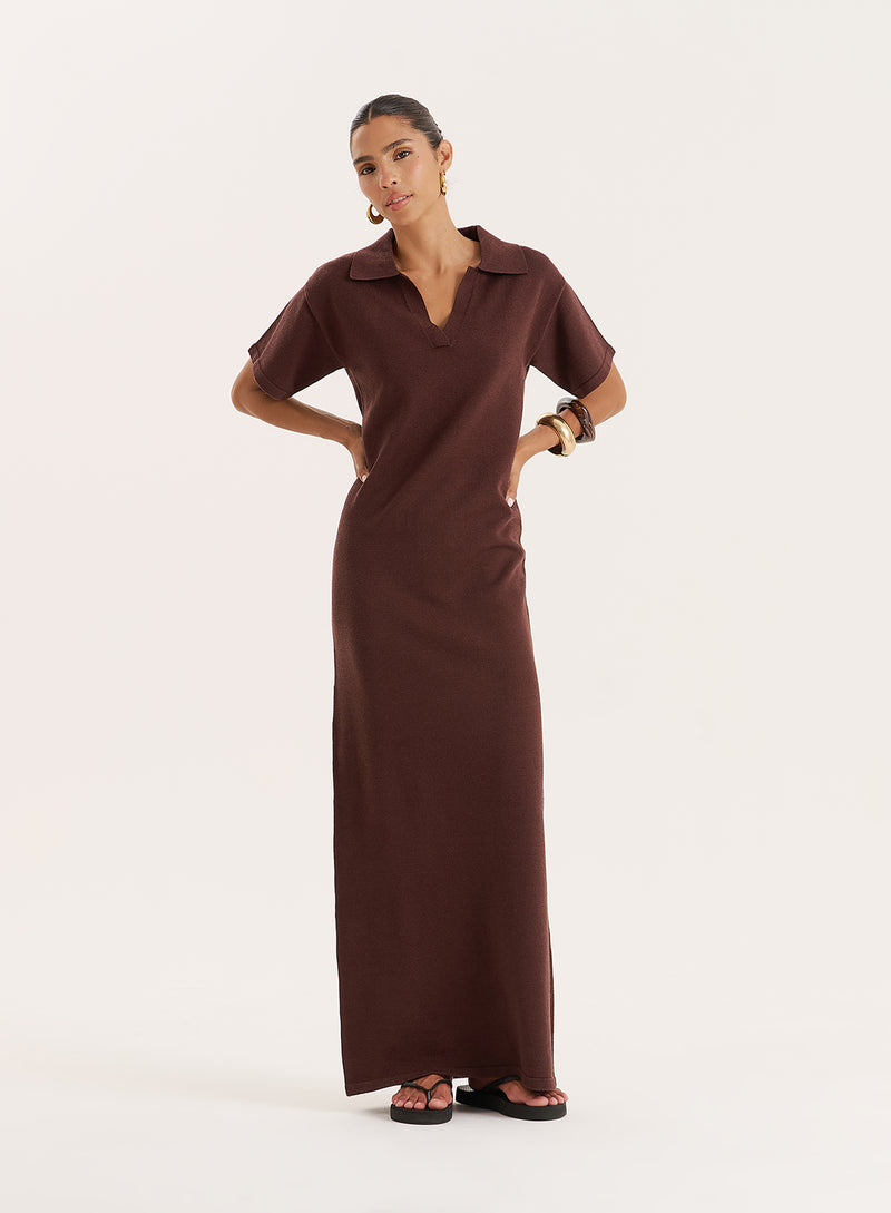 Chocolate Knitted Rugby Maxi Dress- Esme