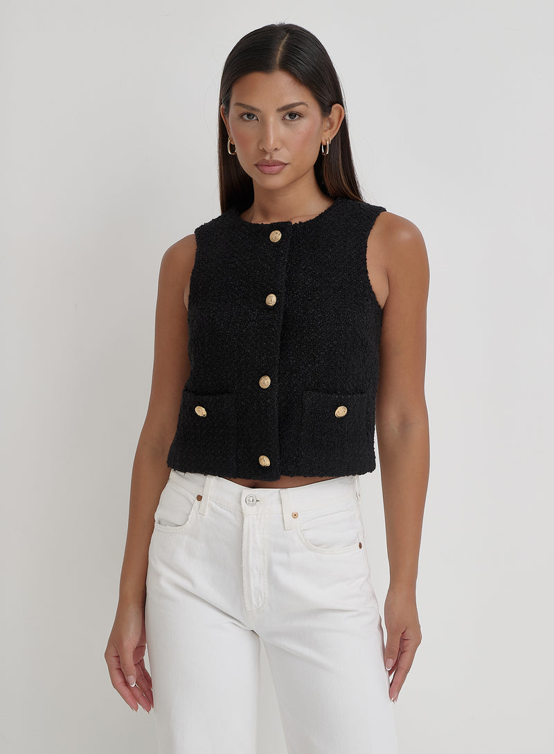 Black Tweed Wool Waistcoat- Felicia