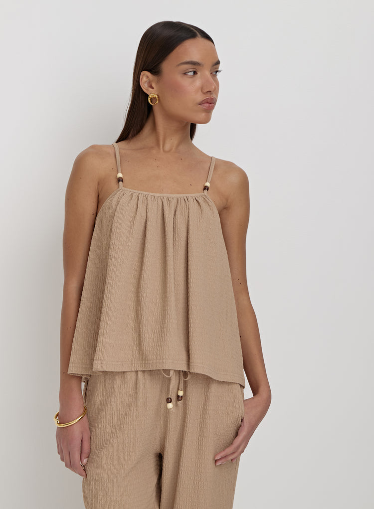 Camel Textured Beaded Cami Top- Gia