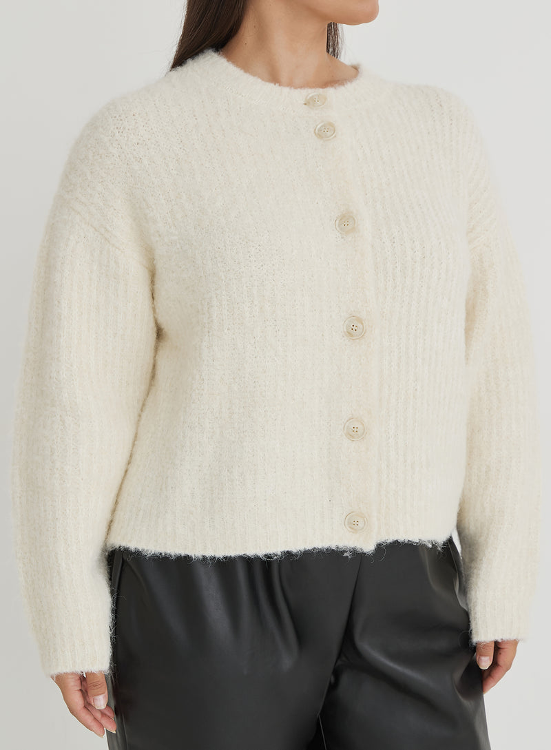 Cream Plus Size Fluffy Knit Crew Neck Cardigan- Kinsley