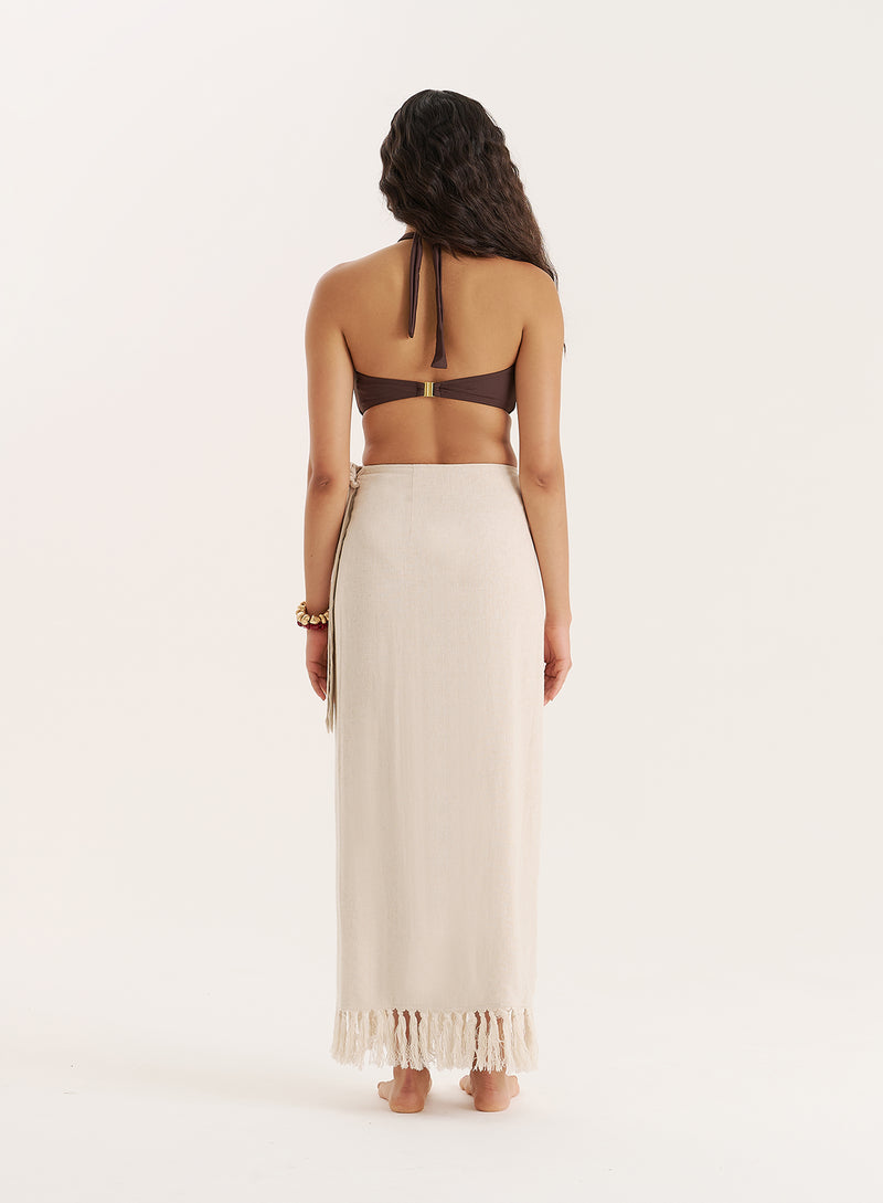 Ecru Linen Blend Fringe Trim Midi Skirt- Amey
