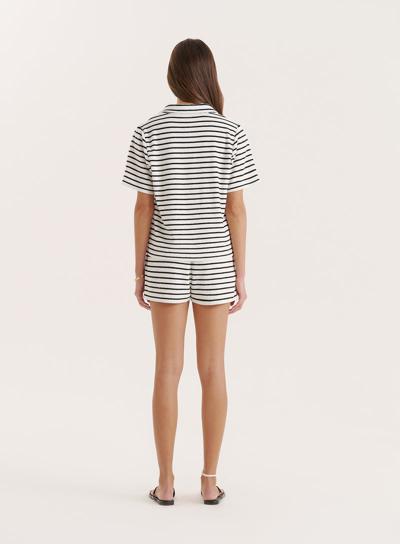 Black And White Stripe Towelling Short Sleeve Polo Top- Zita