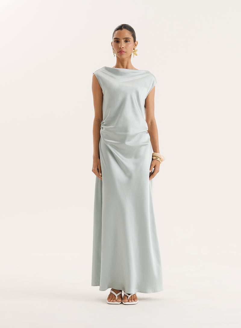 Mint Green Cowl Neck Satin Maxi Dress- Anais