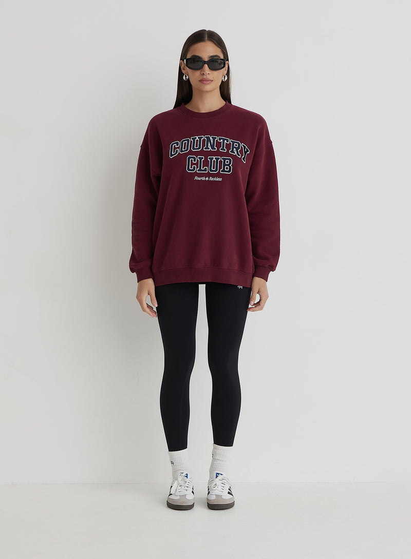 Burgundy Country Club Slogan Classic Longline Sweatshirt- Charli