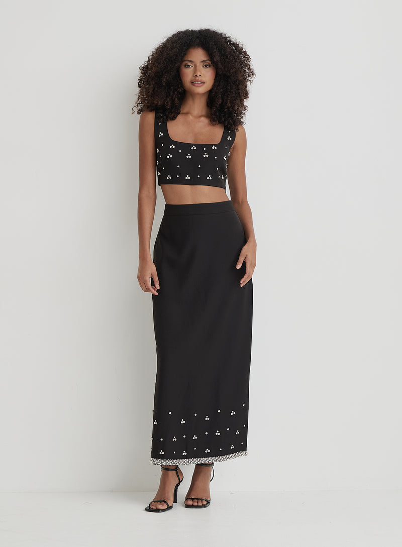 Black Embellished Trim Maxi Skirt- Sara