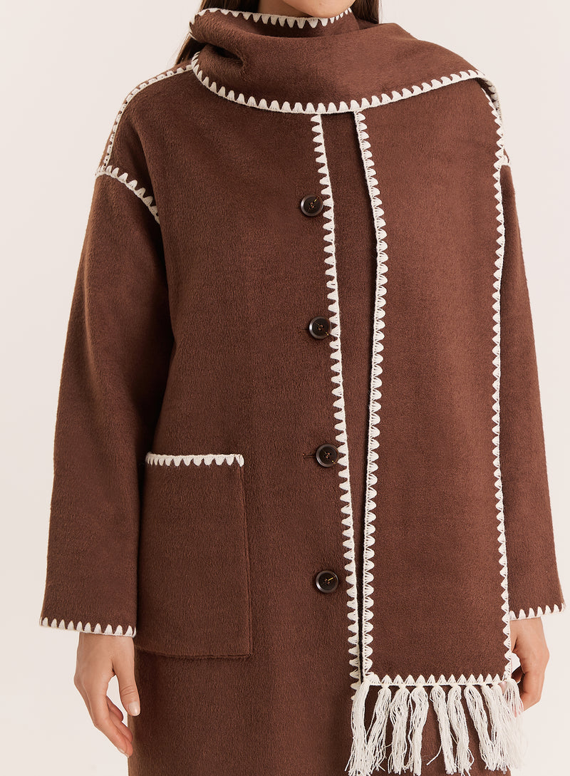 Chocolate Contrast Stitch Longline Scarf Coat- Fable