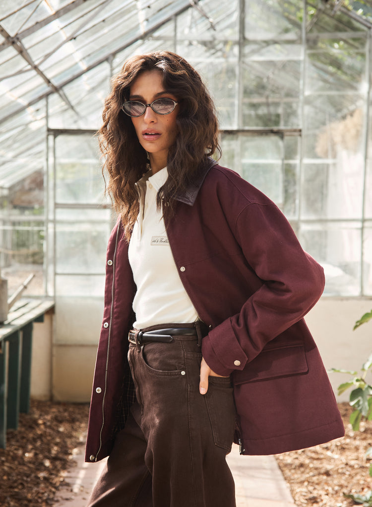 Burgundy Front Pocket Barn Shacket- Sutton