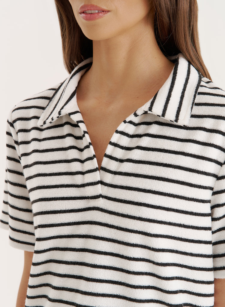 Black And White Stripe Towelling Short Sleeve Polo Top- Zita