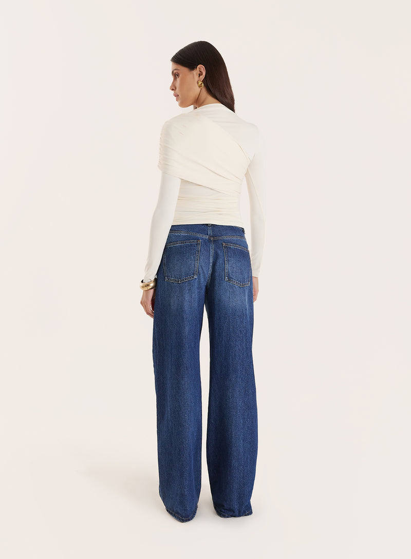 Off White Long Sleeved Drape Top- Cassian