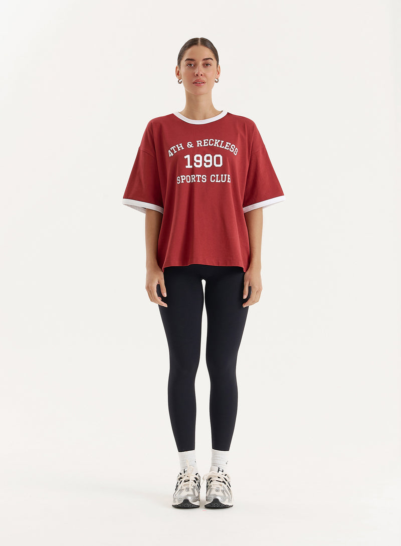 Red Contrast Trim Slogan T-Shirt- Kayleigh