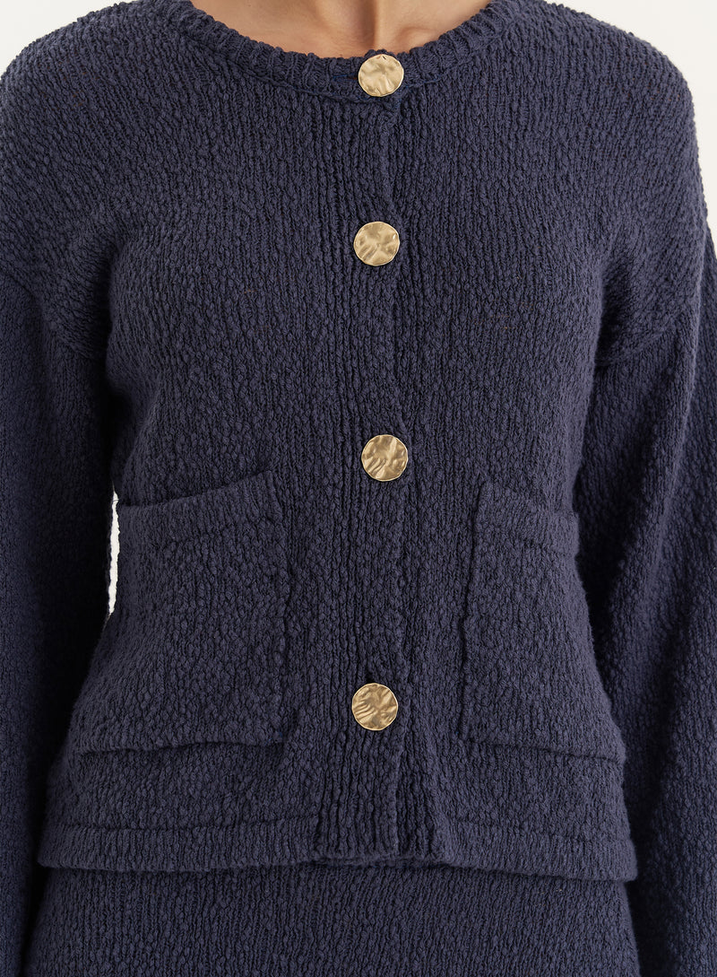 Navy Knitted Gold Button Front Cardigan- Sharni