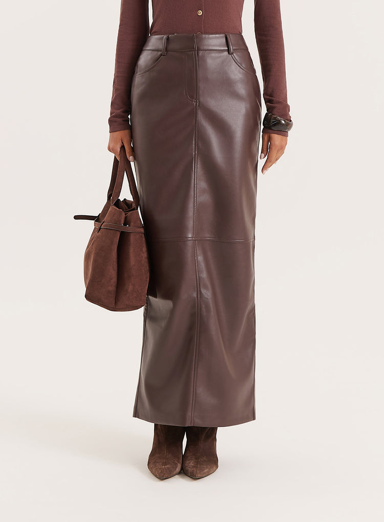 Chocolate Tailored PU Maxi Skirt- Carys
