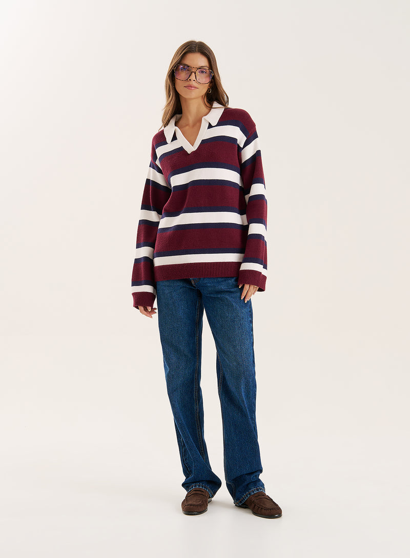 Striped Knitted Contrast Collar Jumper- Tommie