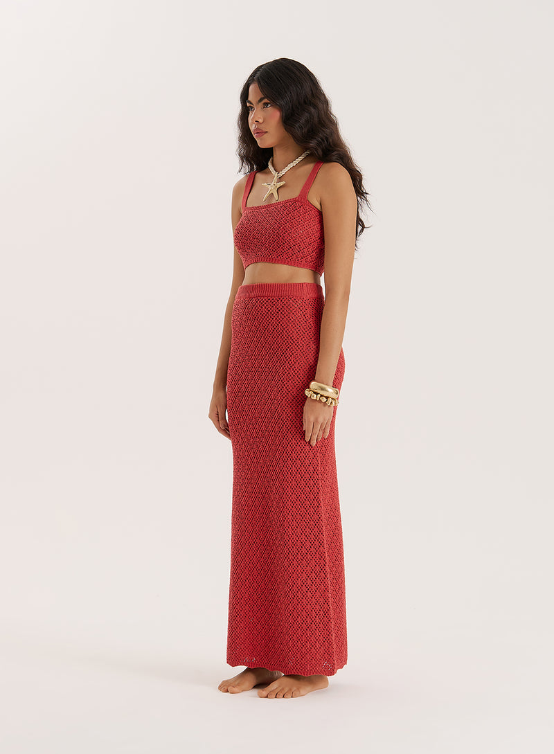 Red Crochet Knit Maxi Skirt- Sierra