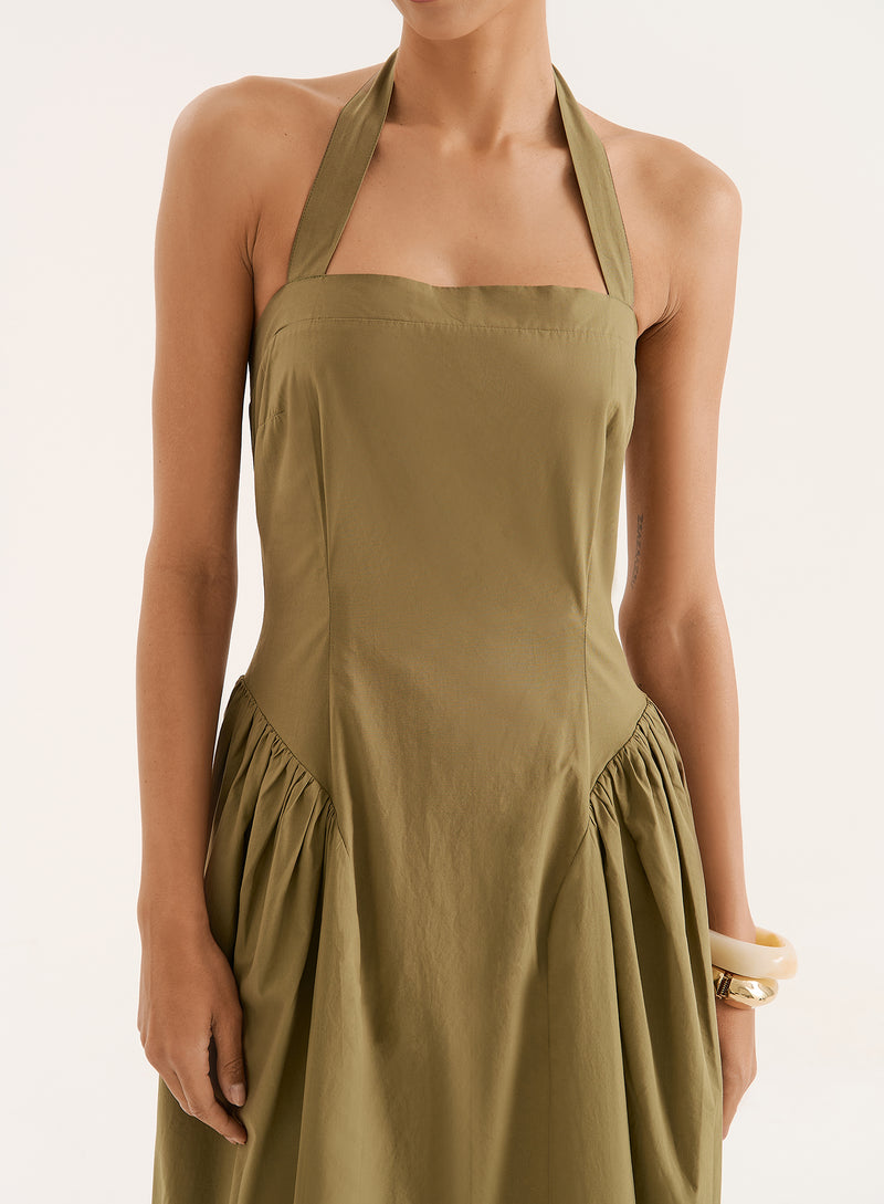 Khaki Halterneck Cotton Maxi Dress- Bonita