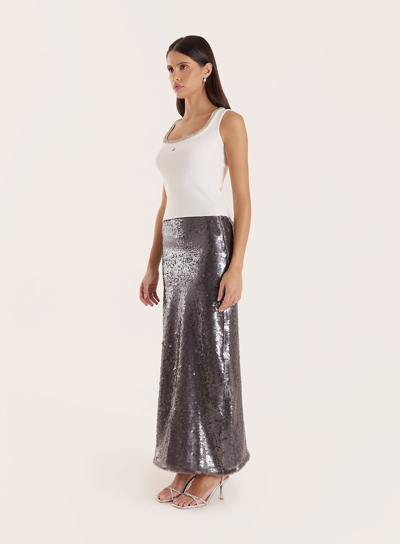 White Embellished Trim Square Neck Vest Top- Dixie