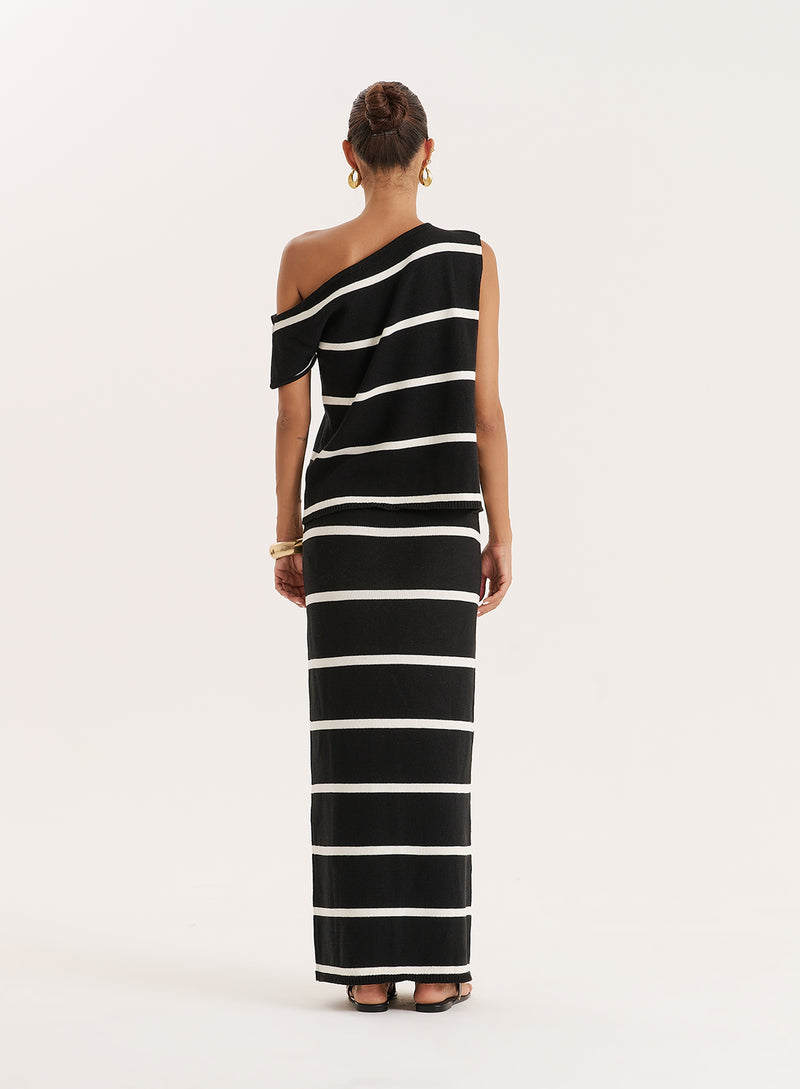 Black And White Stripe Knitted Off The Shoulder Top- Aisa