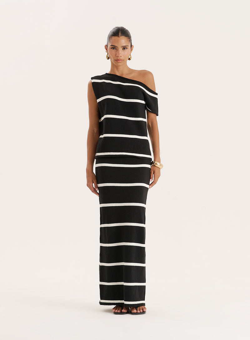 Black And White Stripe Knitted Off The Shoulder Top- Aisa