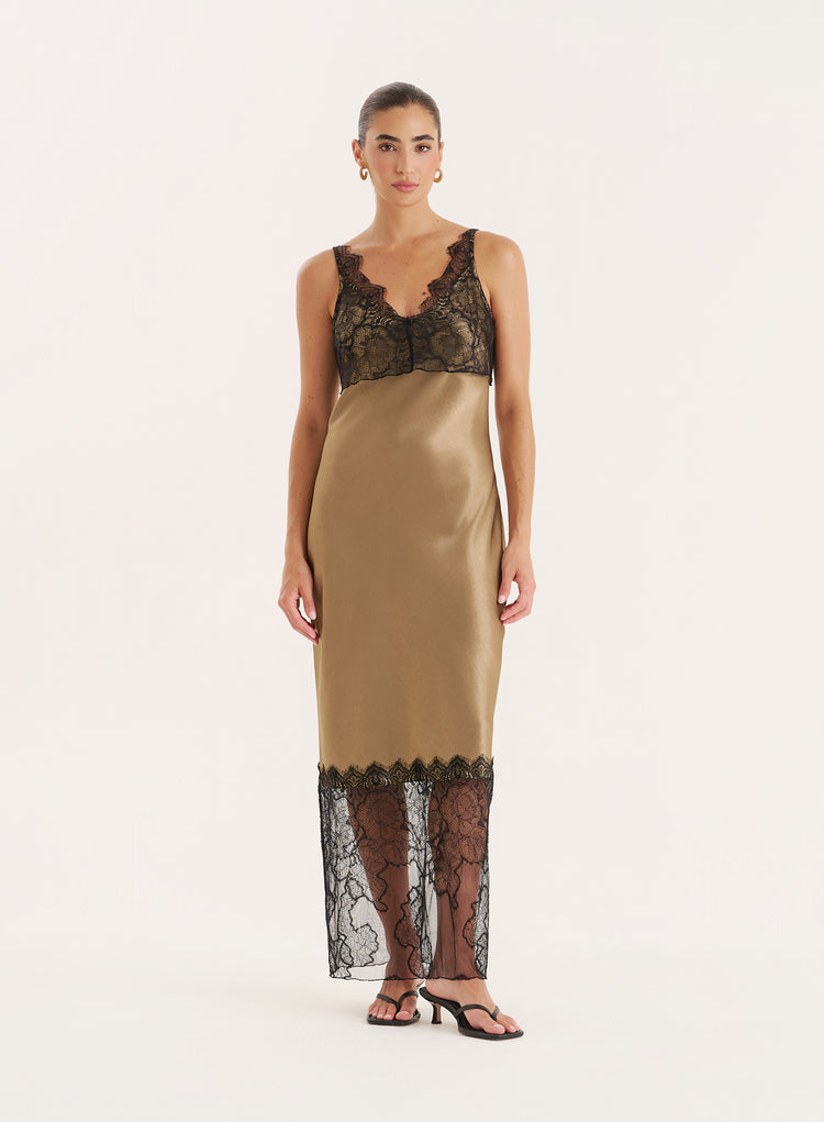 Khaki Satin Lace Trim Maxi Dress- Smythson