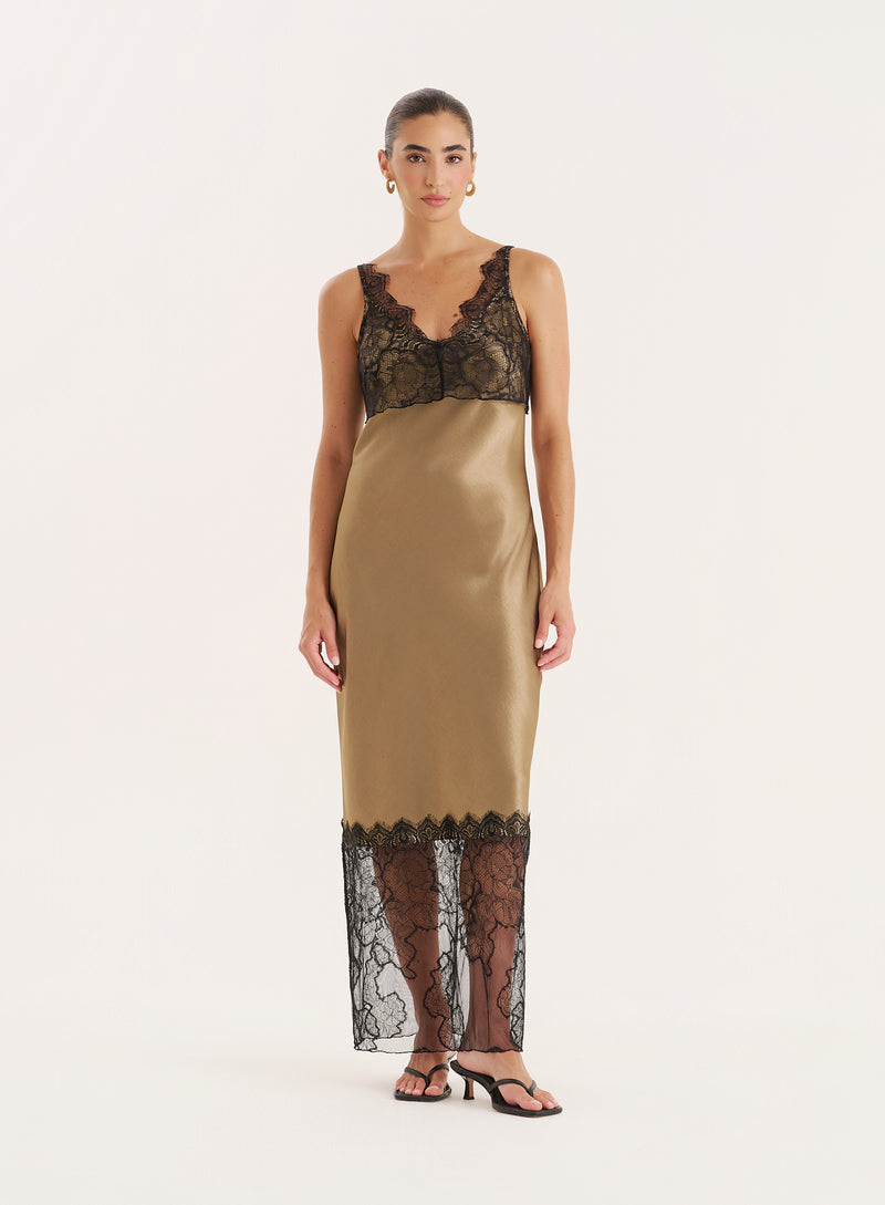 Khaki Satin Lace Trim Maxi Dress- Smythson
