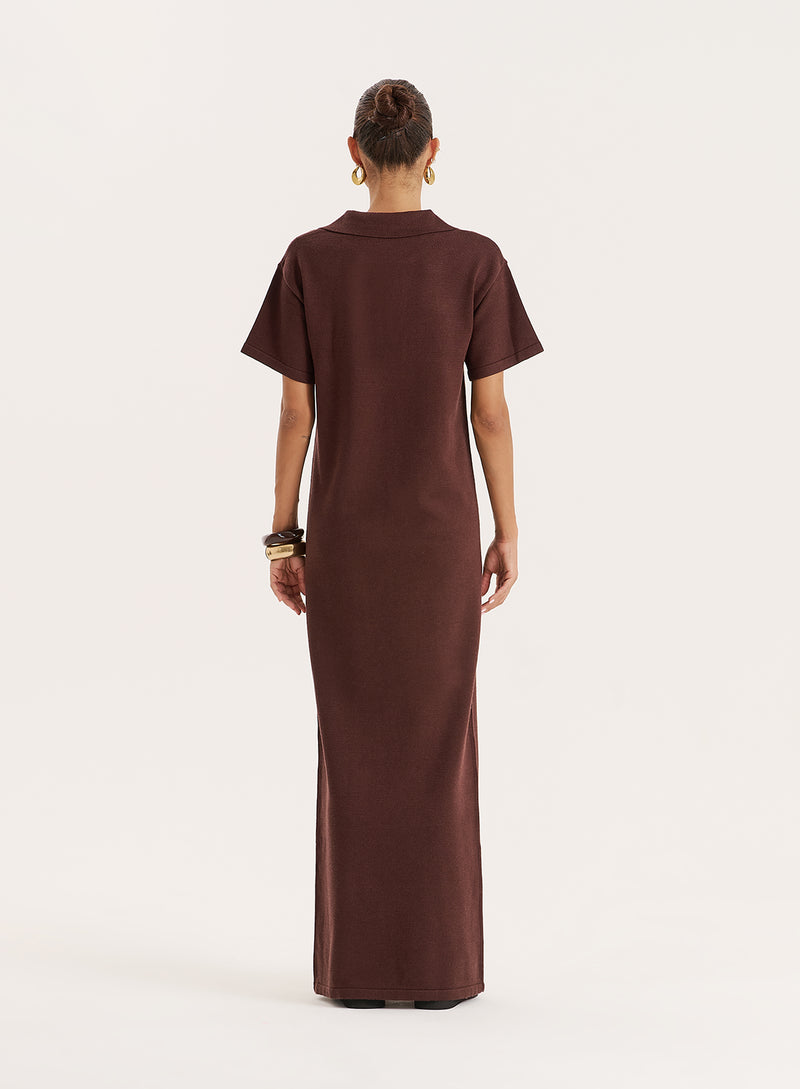 Chocolate Knitted Rugby Maxi Dress- Esme