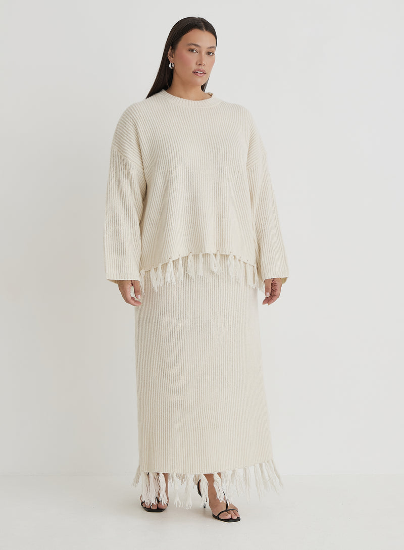 Cream Plus Size Oversized Tassle Trim Jumper- Fallon