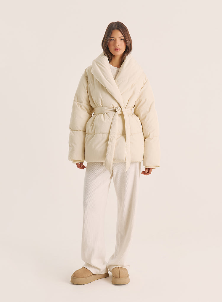 Cream Wrap Waist Belted Puffer Coat