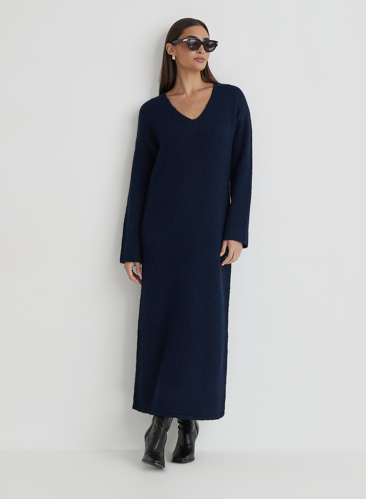 Navy V Neck Knitted Maxi Dress- Dahlia