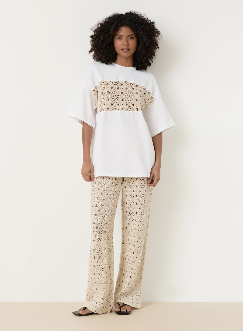 Cream Crochet Panel T-Shirt- Soleil