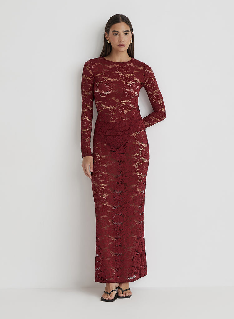 Burgundy Lace Maxi Skirt- Emelda