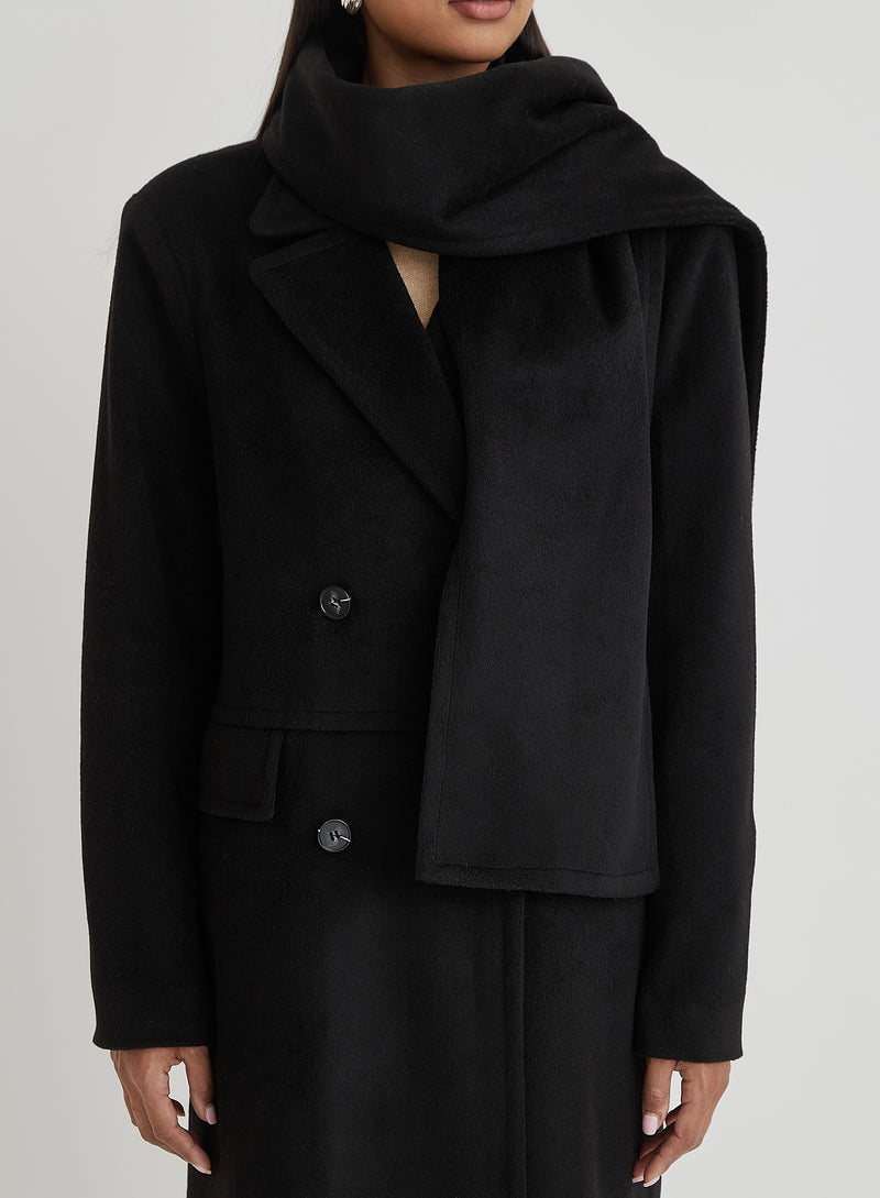 Black Tailored Maxi Coat With Scarf- Melia