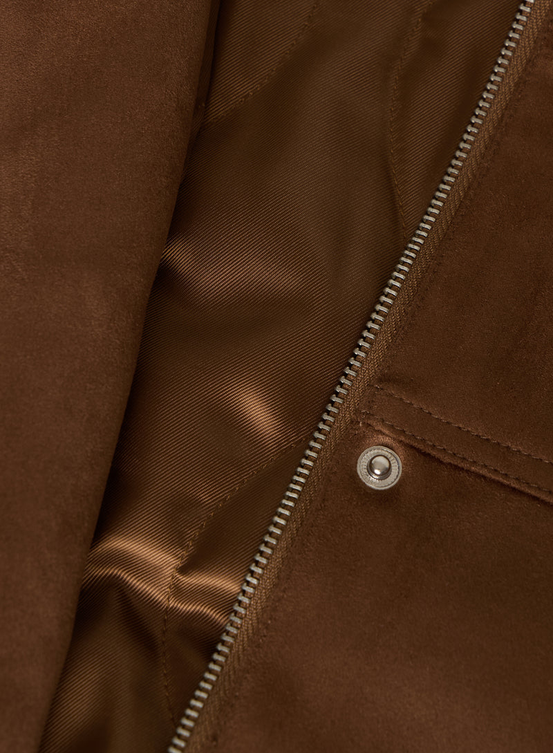 Brown Contrast Collar Faux Suede Barn Shacket