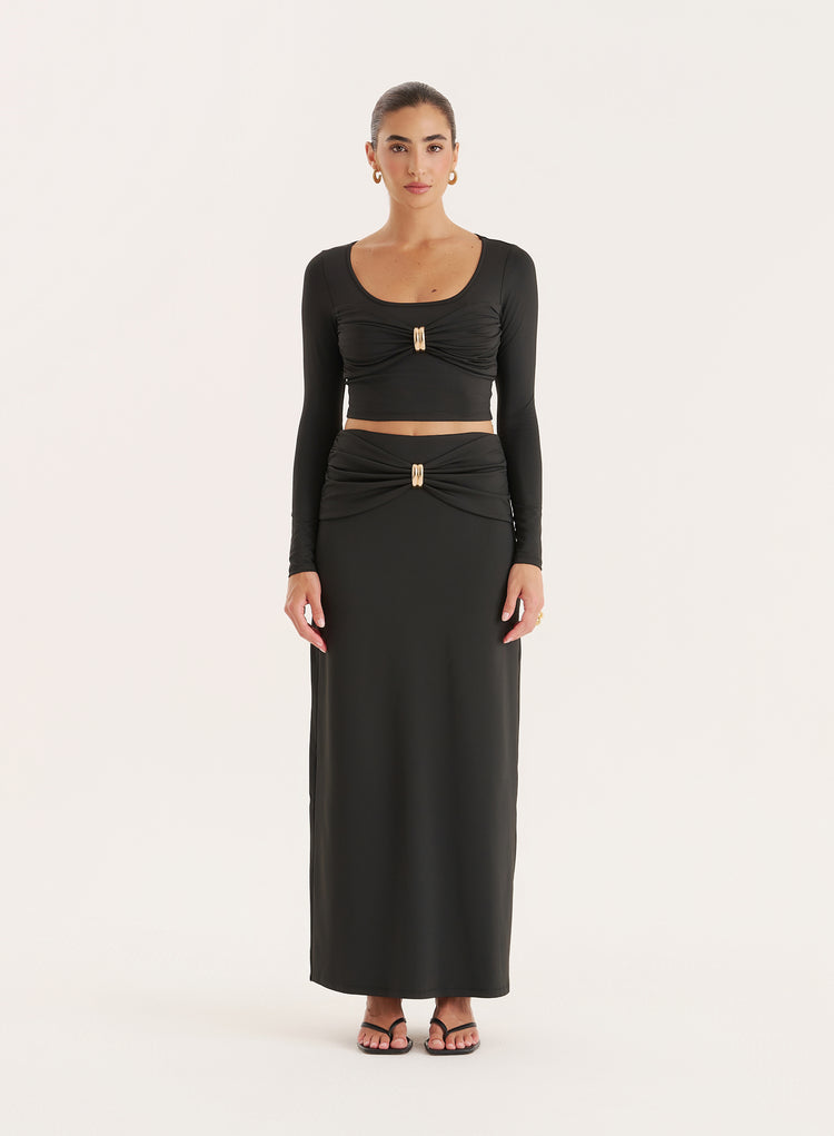 Black Gold Hardware Detail Maxi Skirt- Lyra