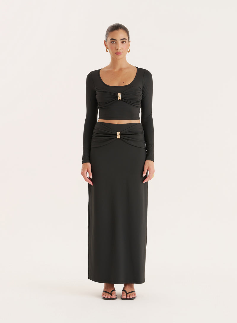 Black Gold Hardware Detail Maxi Skirt- Lyra