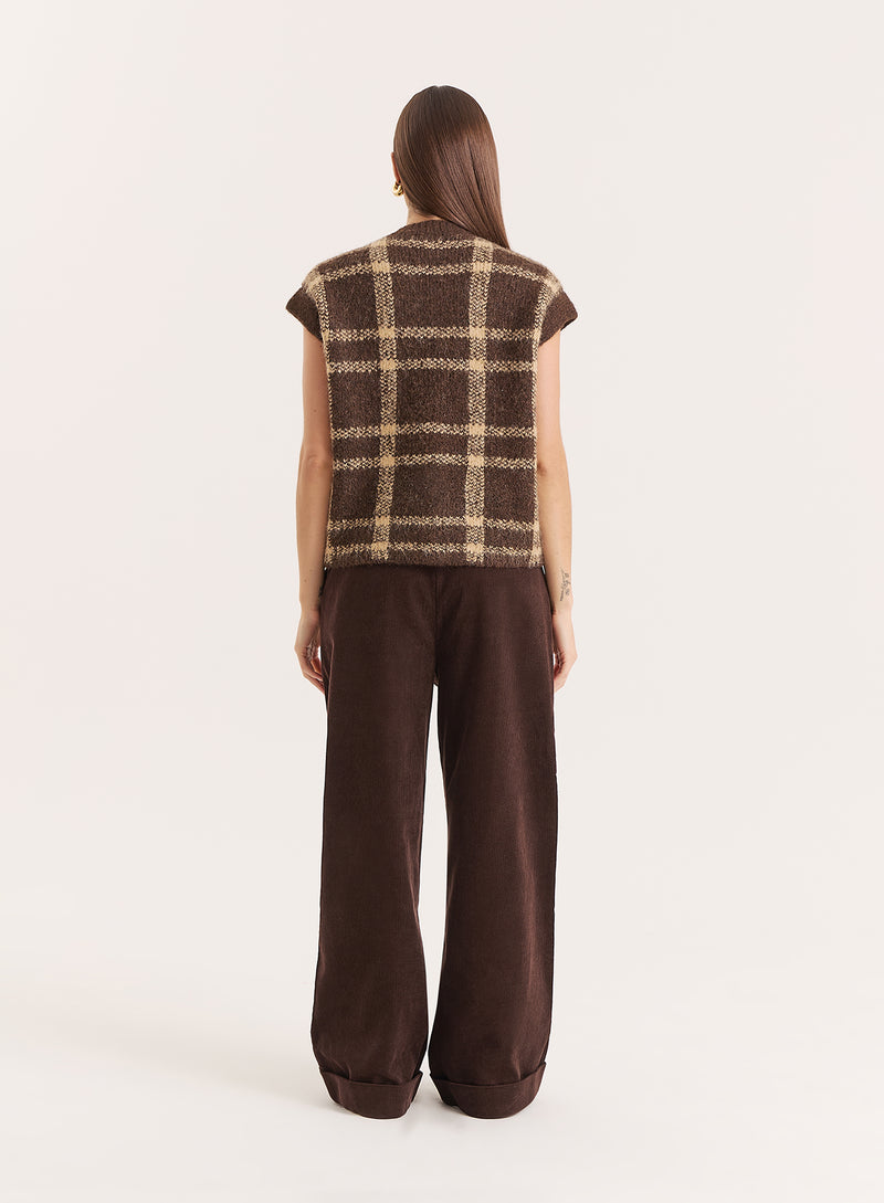 Multi Check Knitted Button Down Vest- Ashley