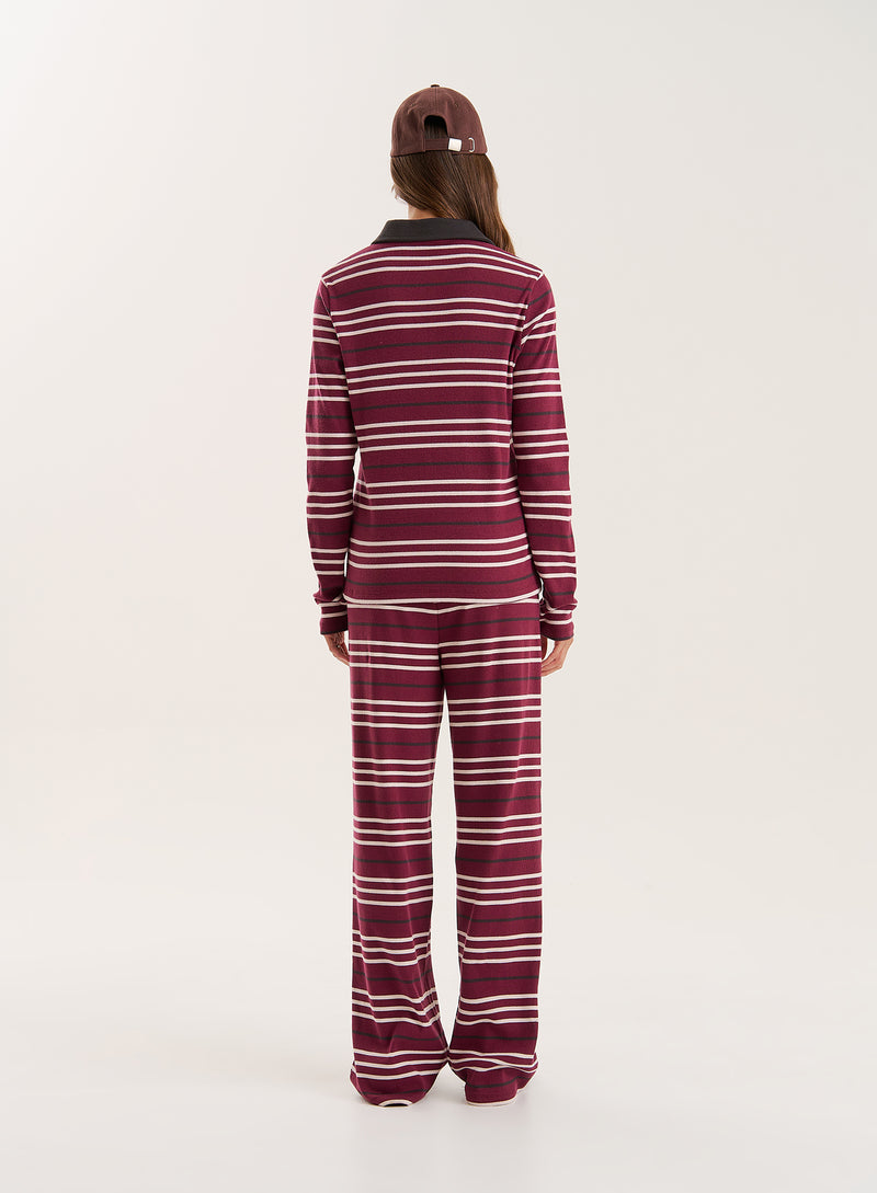 Burgundy Striped Fine Ribbed Jersey Longsleeve Top- Liliana