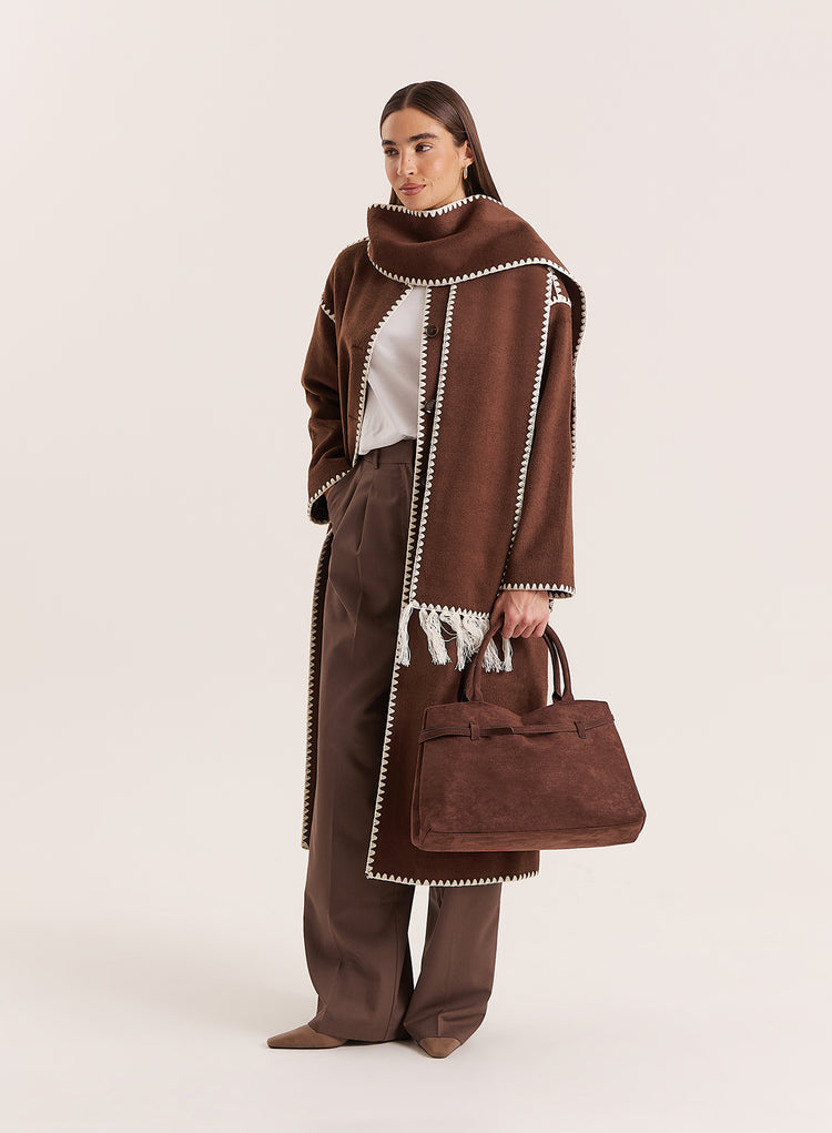 Chocolate Contrast Stitch Longline Scarf Coat- Fable