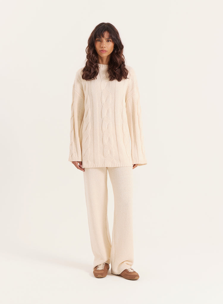 Ecru Fine Cable Knit Long Sleeve Top- Leonor