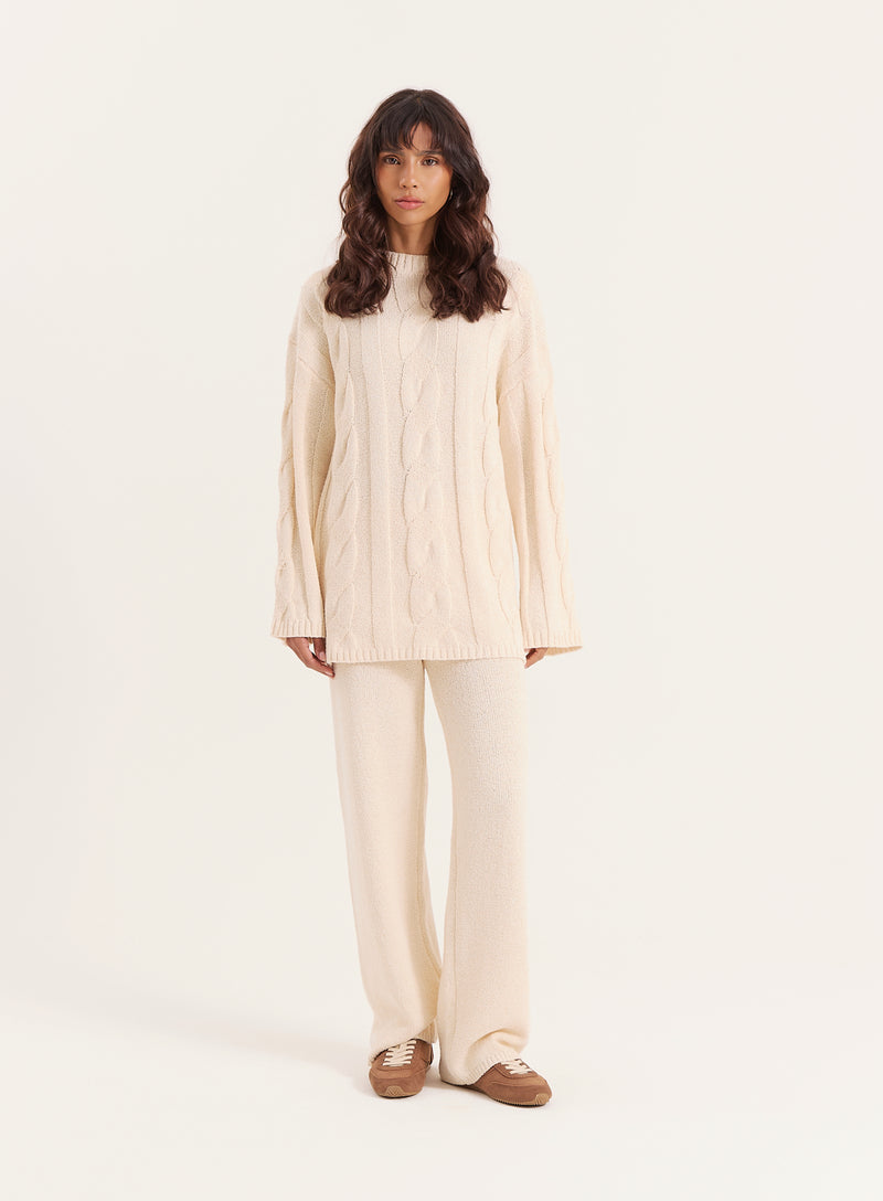 Ecru Fine Cable Knit Long Sleeve Top- Leonor