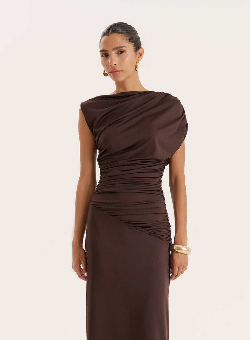 Chocolate Ruched Sleeveless Maxi Dress- Oakley