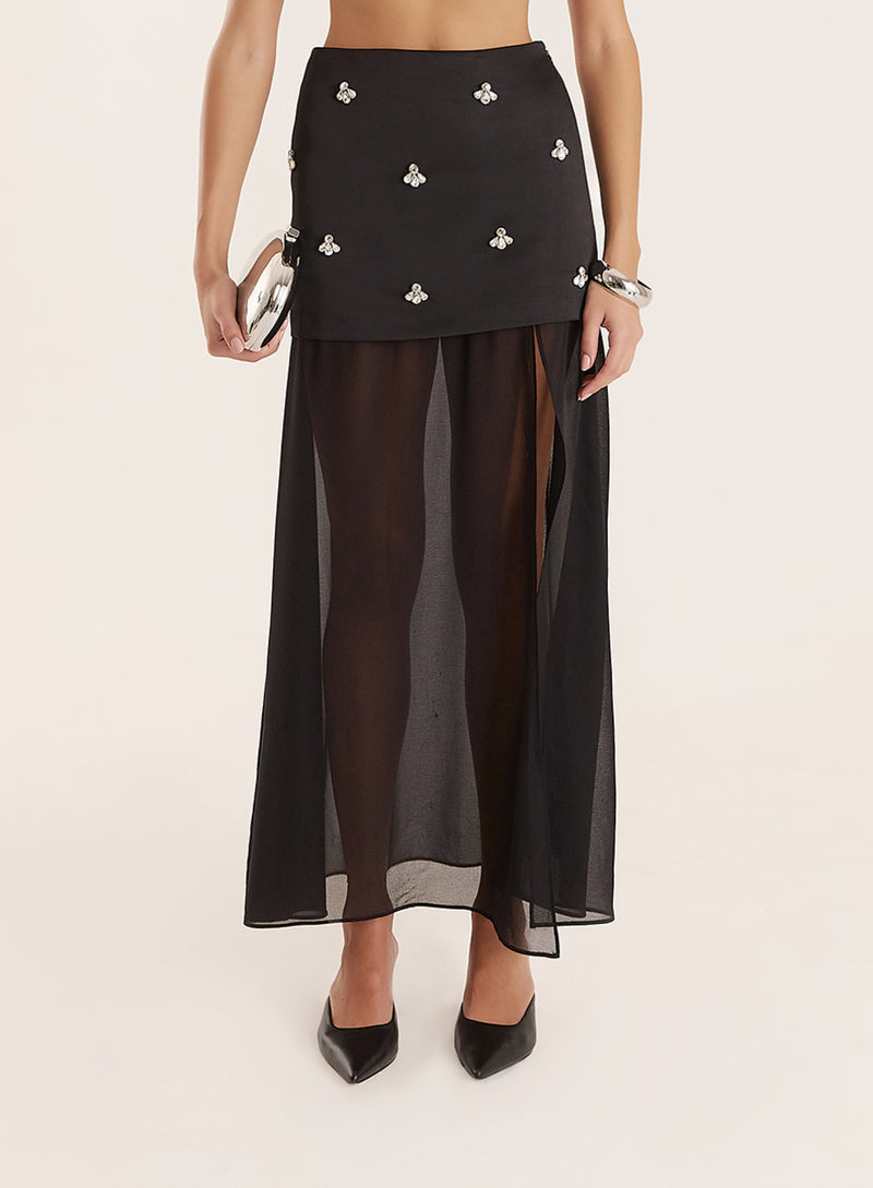 Black Embellished Mesh Hem Midi Skirt- Nobu