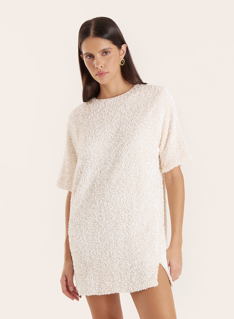 Cream Sequin Bow Tie Back Mini Dress- Elodie