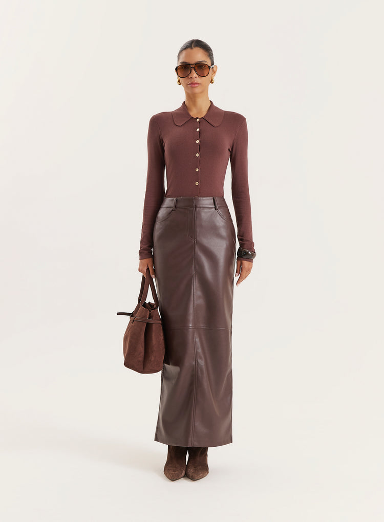 Chocolate Lightweight Knitted Button Down Top- Joely